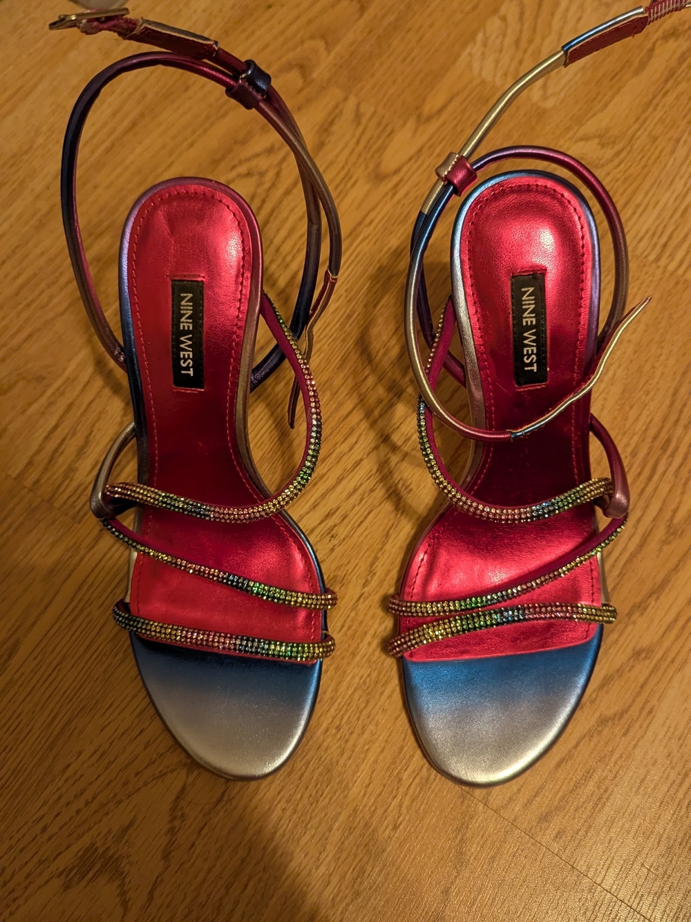 Nine West Metallic Strappy Heels with Multicolor Rhinestones